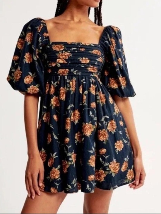 Abercrombie & Fitch Dresses & Skirts - Abercrombie & Fitch Navy Floral Linen Blend Babydoll Mini Dress Size XL